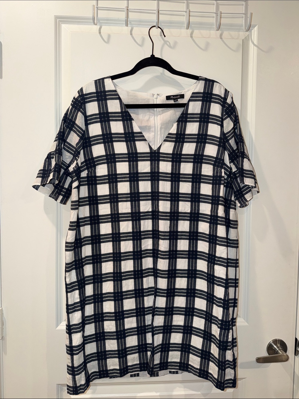 NWT Madewell Black & White Plaid V-Neck Tunic Dress with Ruffle Sleeves